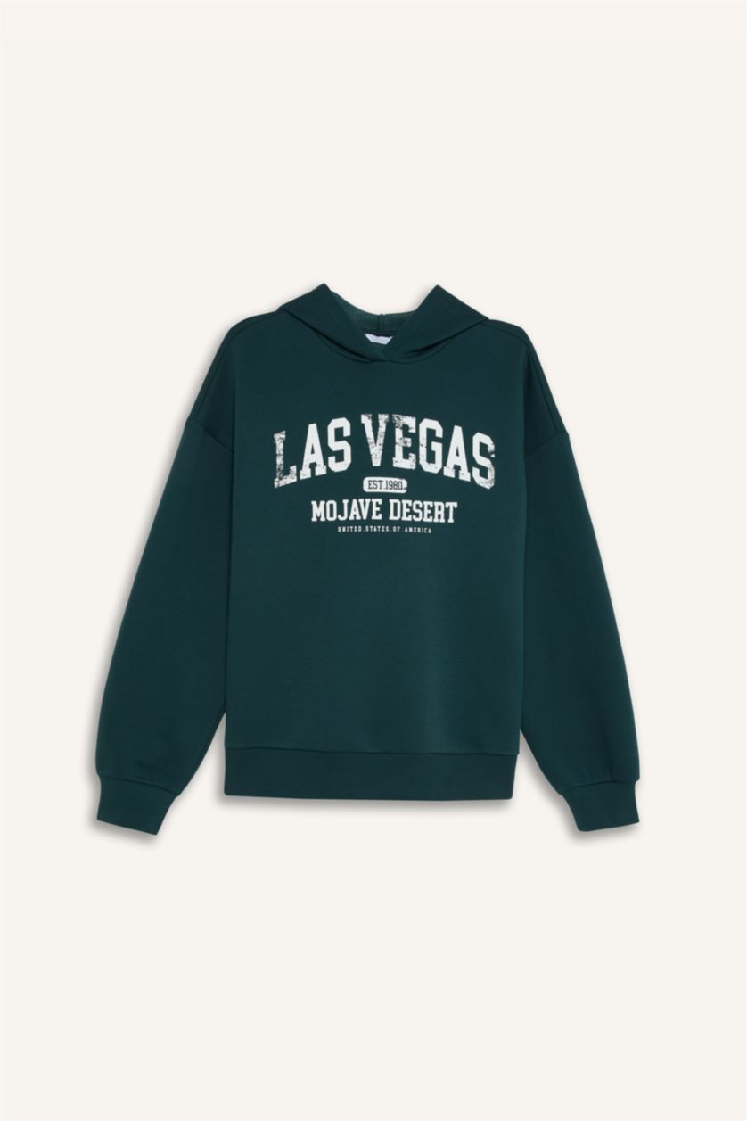 Kadın Açık Yeşil Regular Fit Kapüşonlu Baskılı Kalın Sweatshirt