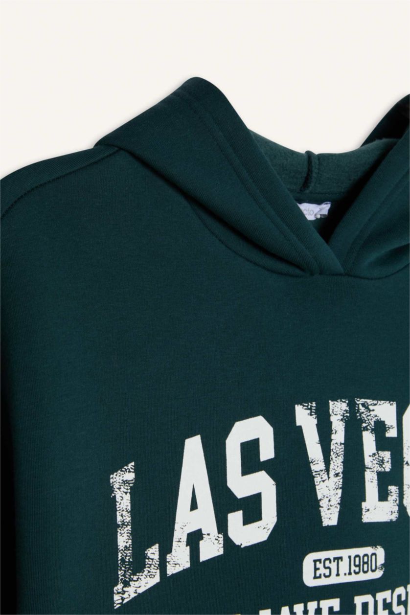 Kadın Açık Yeşil Regular Fit Kapüşonlu Baskılı Kalın Sweatshirt