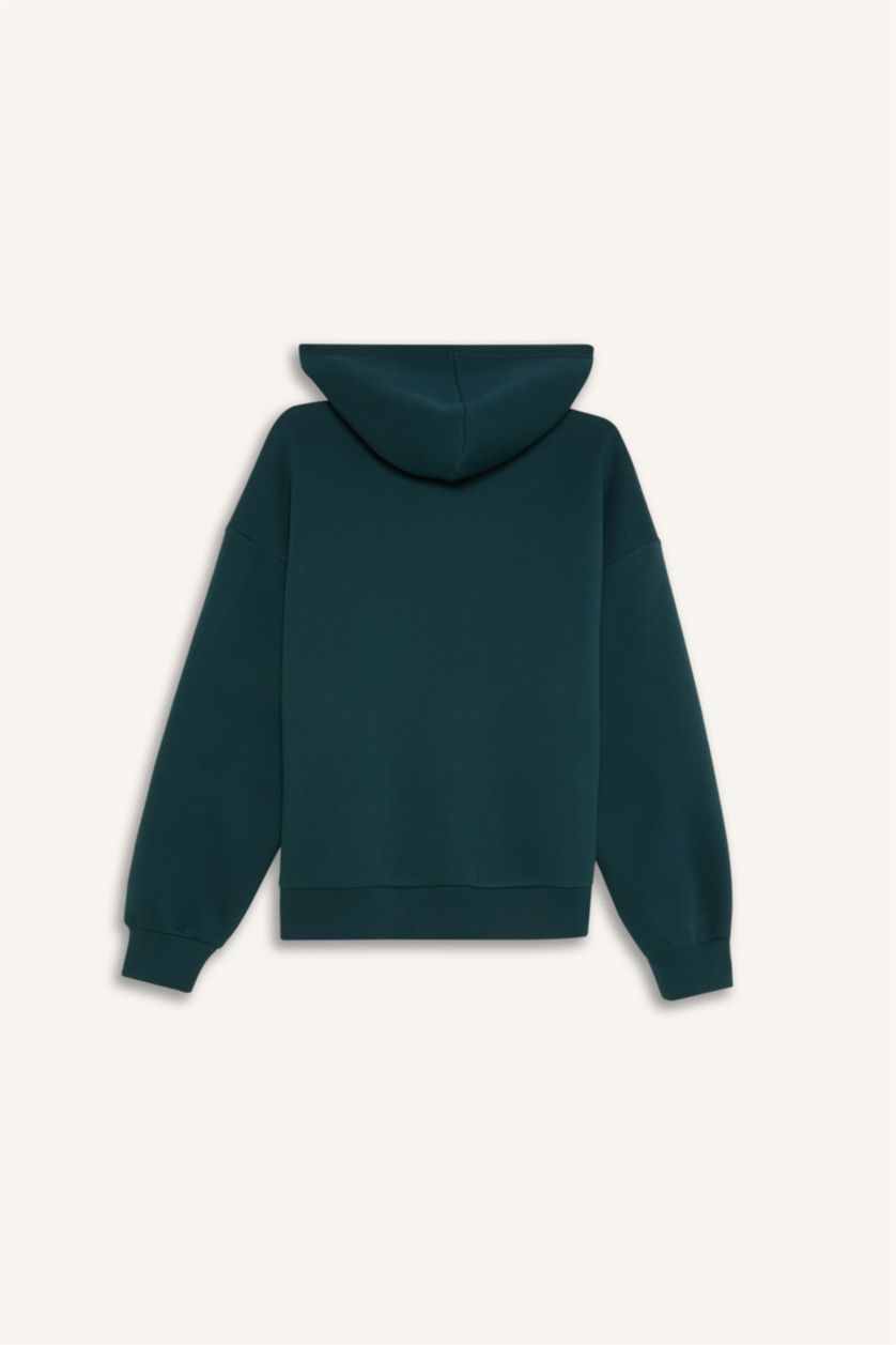 Kadın Açık Yeşil Regular Fit Kapüşonlu Baskılı Kalın Sweatshirt