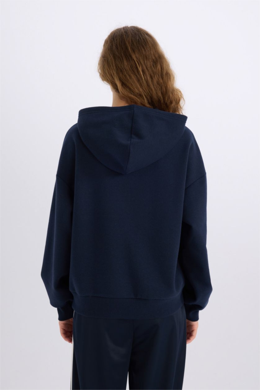 نساء كحلي سويت شيرت تقيل قصة فضفاضة بغطاء للرأس