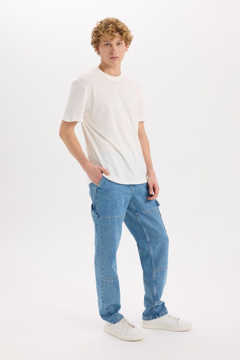 Erkek Mavi %100 Pamuk Relax Fit Rahat Kalıp Geniş Paça Jean Pantolon