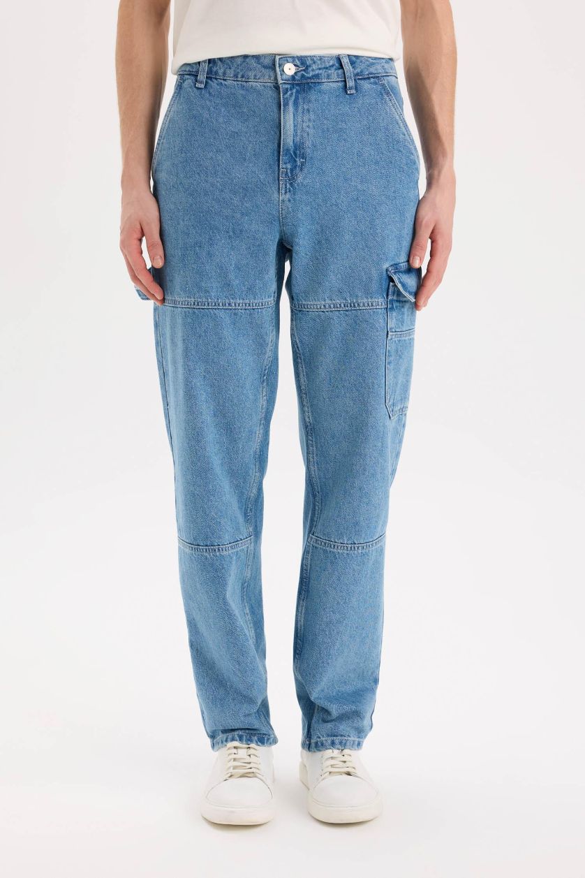 Erkek Mavi %100 Pamuk Relax Fit Rahat Kalıp Geniş Paça Jean Pantolon