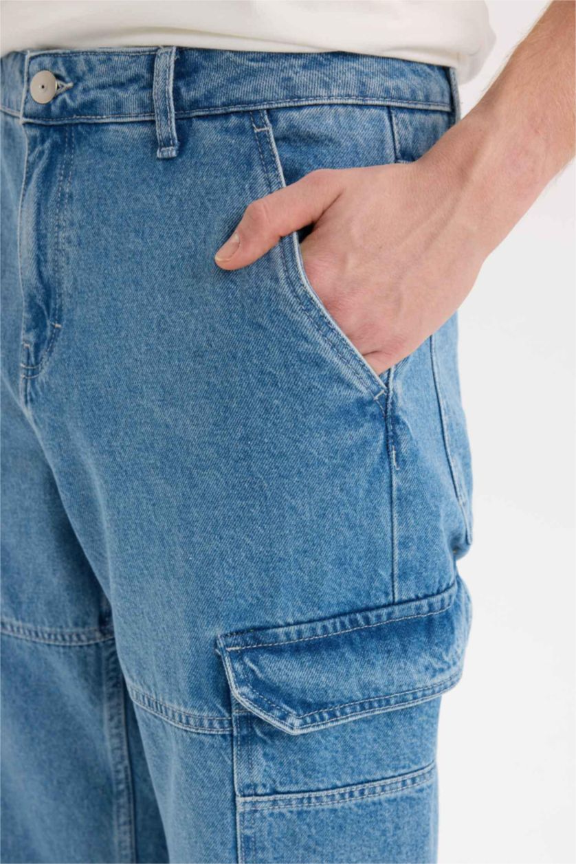 Erkek Mavi %100 Pamuk Relax Fit Rahat Kalıp Geniş Paça Jean Pantolon