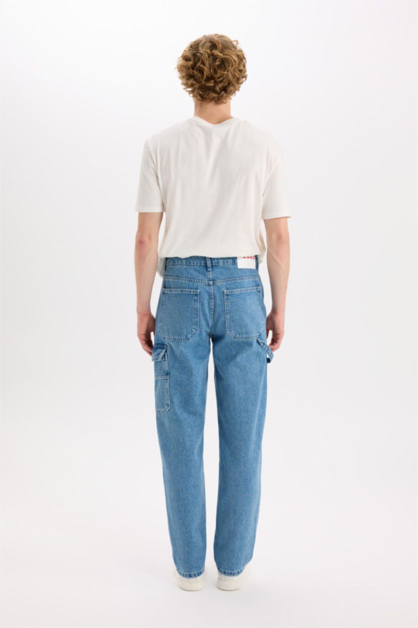 Erkek Mavi %100 Pamuk Relax Fit Rahat Kalıp Geniş Paça Jean Pantolon