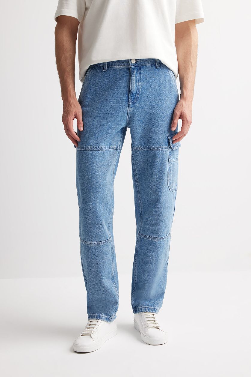 Erkek Mavi %100 Pamuk Relax Fit Rahat Kalıp Geniş Paça Jean Pantolon