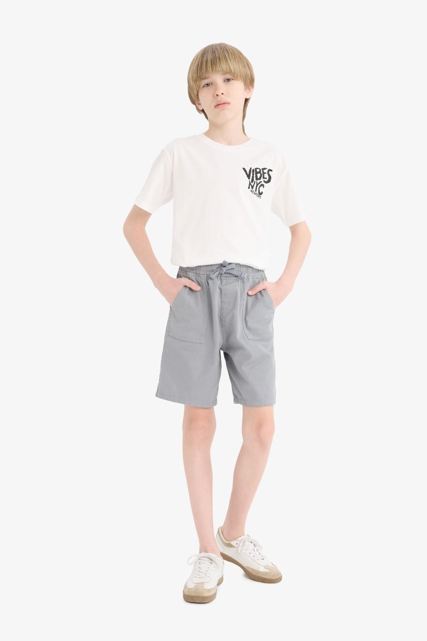 Erkek Çocuk - Genç Erkek Gri Beli Lastikli Cepli Gabardin Şort Erkek Çocuk