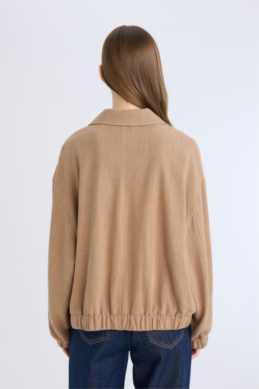 Kadın Camel Su Geçirmez Regular Fıt Polo Yaka Pamuk Astarlı Keten Karışımlı Mont