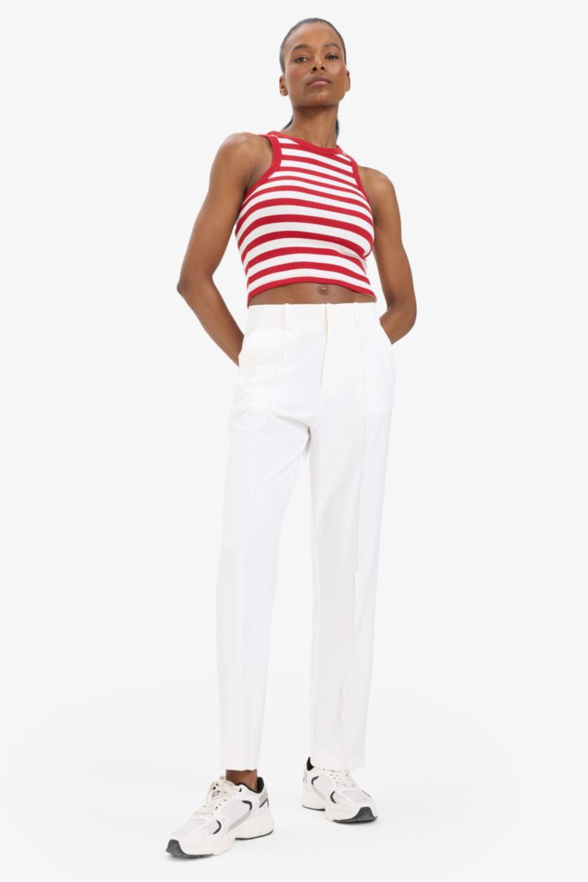 Kadın Beyaz Standart Fit Nervürlü Premium Dokuma Pantolon