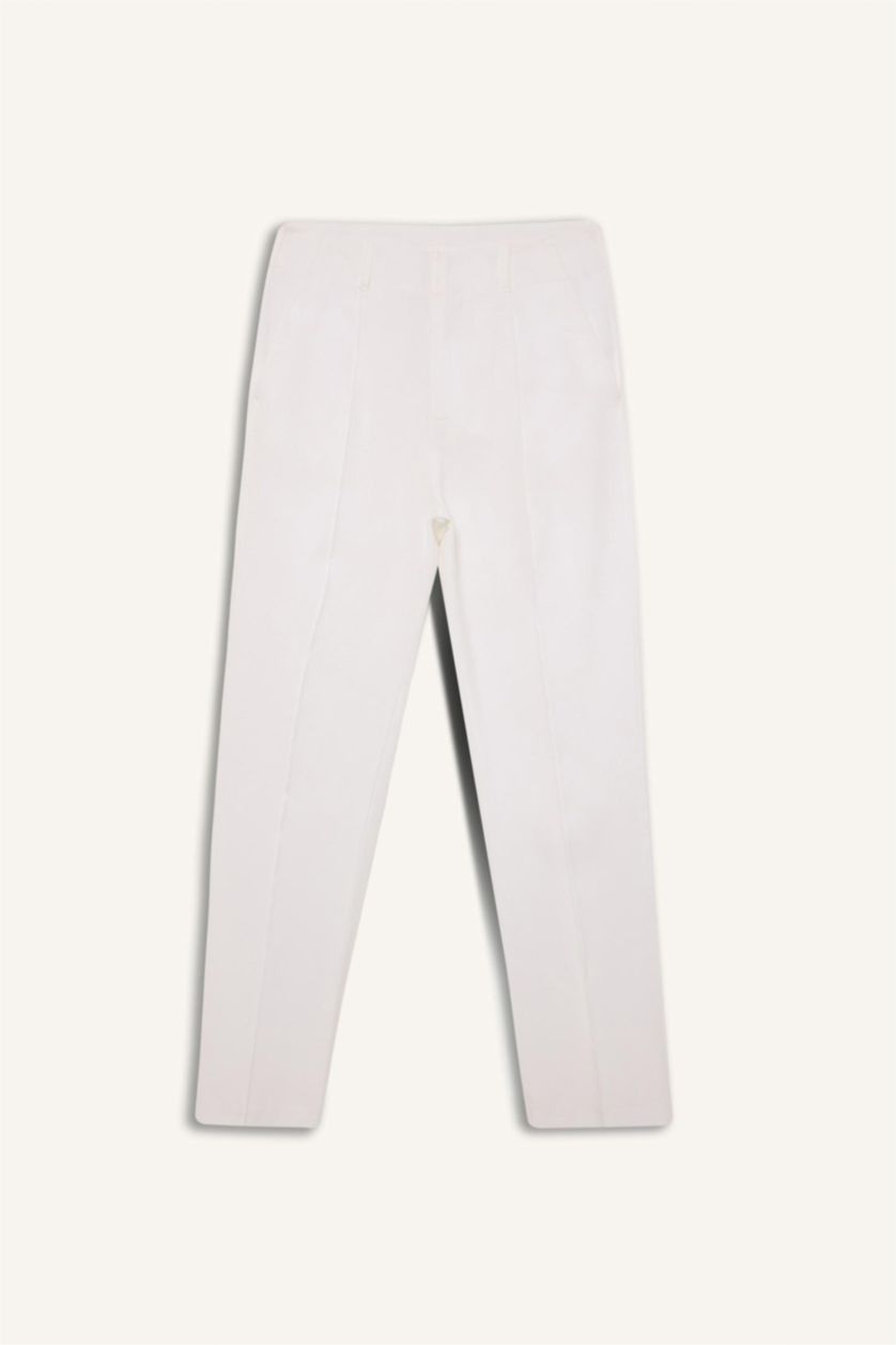 Kadın Beyaz Standart Fit Nervürlü Premium Dokuma Pantolon