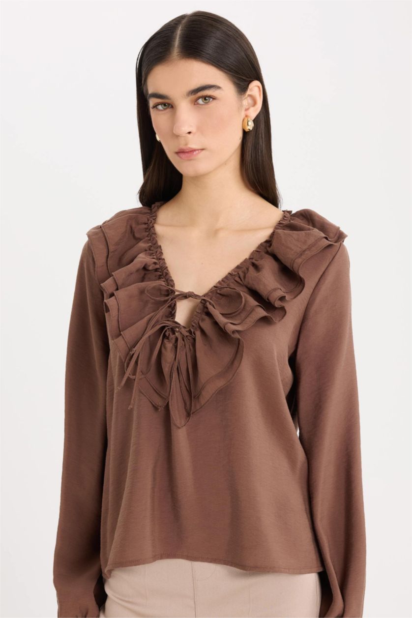 WOMAN Brown Regular Fit Ruffled V Neck Basic Long Sleeve Blouse