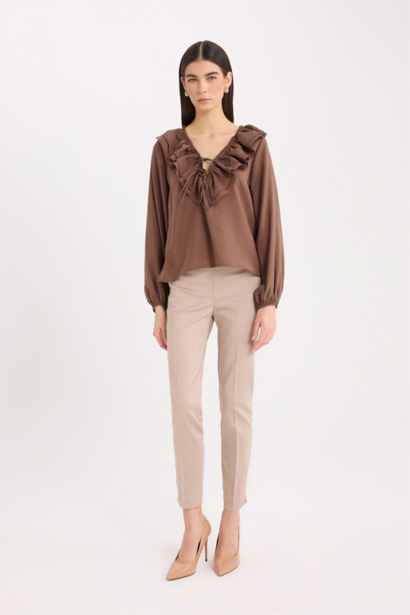 WOMAN Brown Regular Fit Ruffled V Neck Basic Long Sleeve Blouse