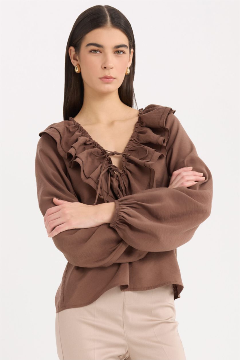 WOMAN Brown Regular Fit Ruffled V Neck Basic Long Sleeve Blouse