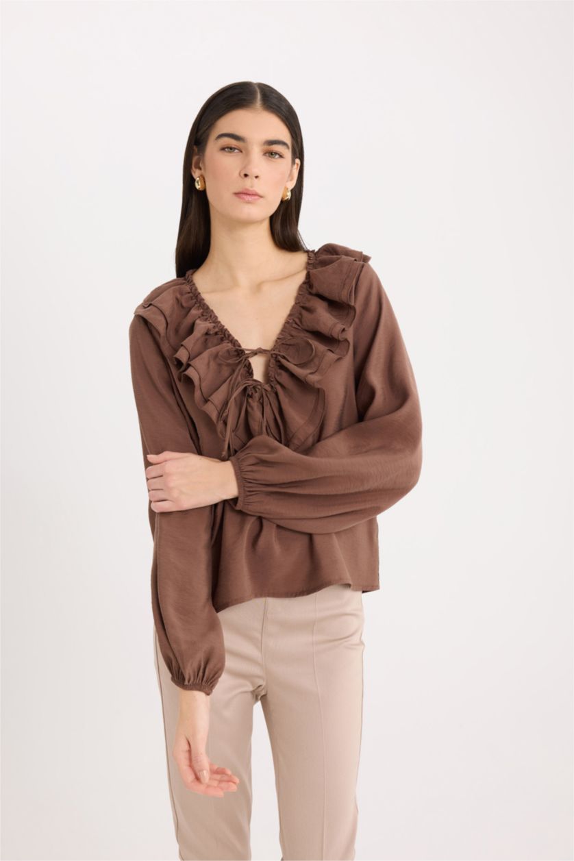 WOMAN Brown Regular Fit Ruffled V Neck Basic Long Sleeve Blouse