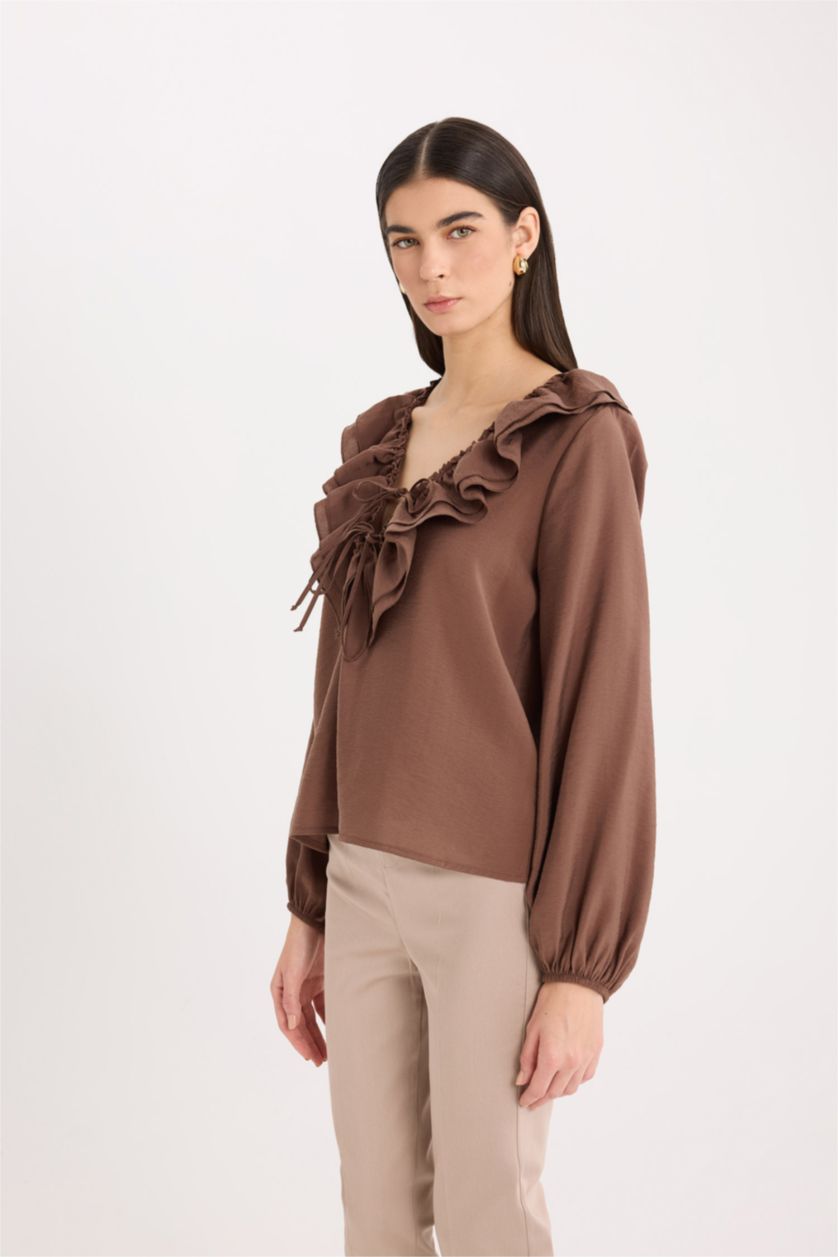 WOMAN Brown Regular Fit Ruffled V Neck Basic Long Sleeve Blouse