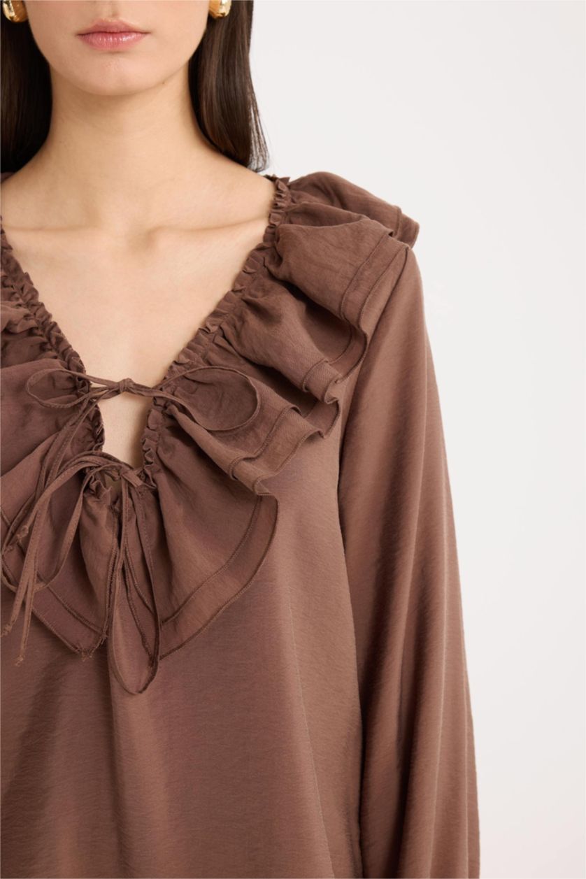 WOMAN Brown Regular Fit Ruffled V Neck Basic Long Sleeve Blouse