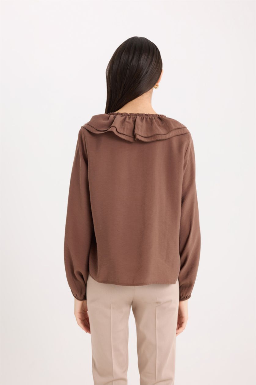 WOMAN Brown Regular Fit Ruffled V Neck Basic Long Sleeve Blouse