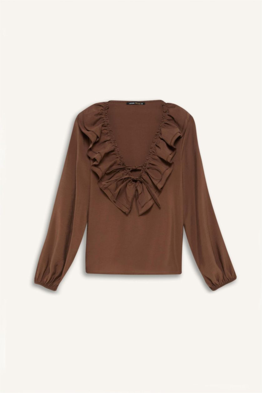 WOMAN Brown Regular Fit Ruffled V Neck Basic Long Sleeve Blouse