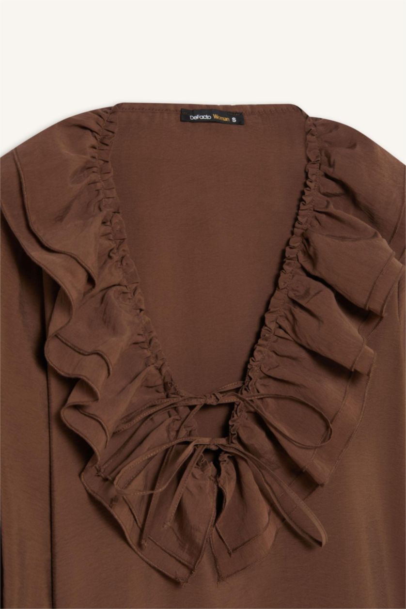 WOMAN Brown Regular Fit Ruffled V Neck Basic Long Sleeve Blouse