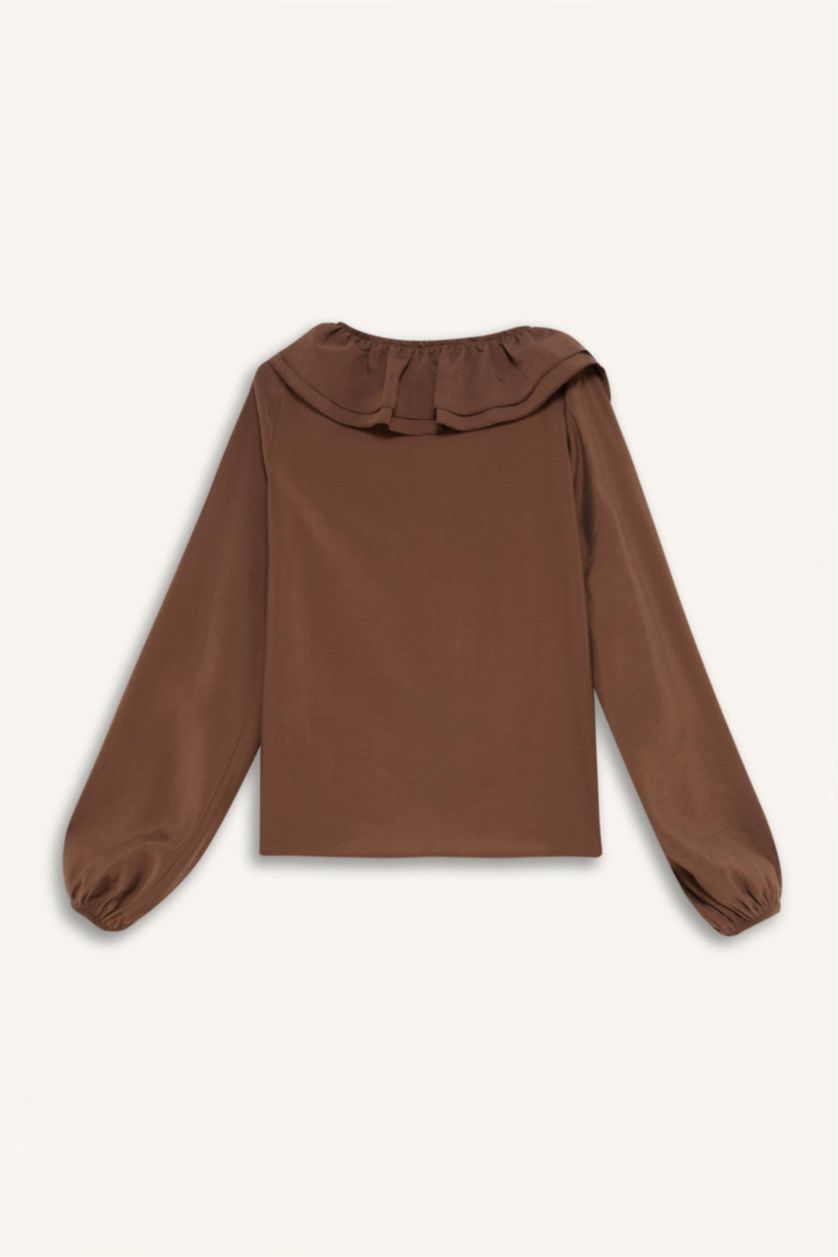 WOMAN Brown Regular Fit Ruffled V Neck Basic Long Sleeve Blouse