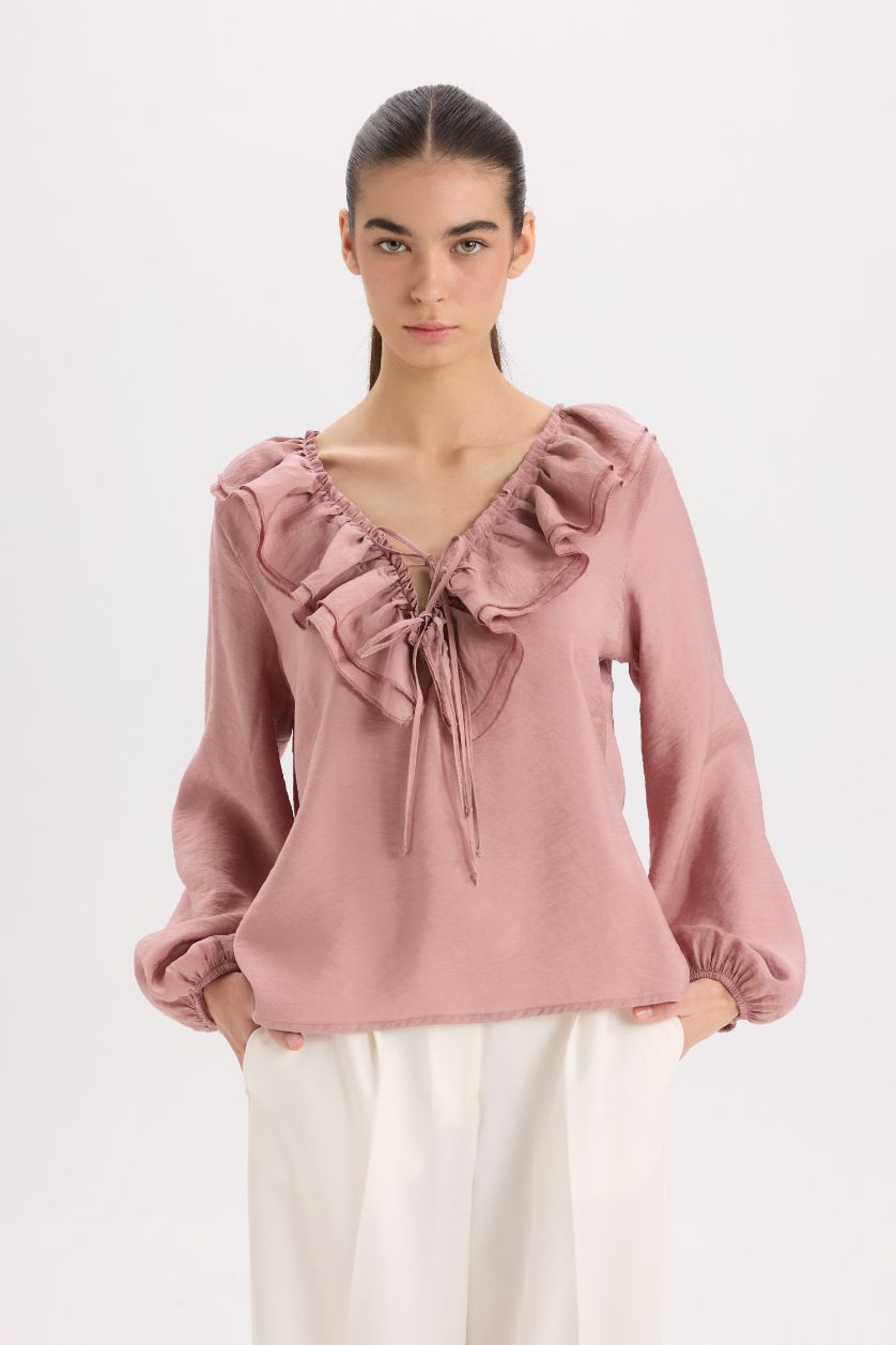 FEMME Bordeaux Chemisier à Manches Longues Coupe Régulière Col V