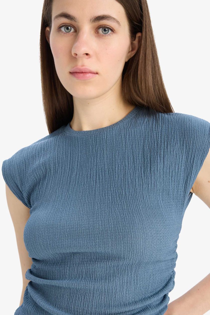 نساء نيلي فاتح تي شيرت نص كم القماش المنسوج سليم فيت بياقة مستديرة