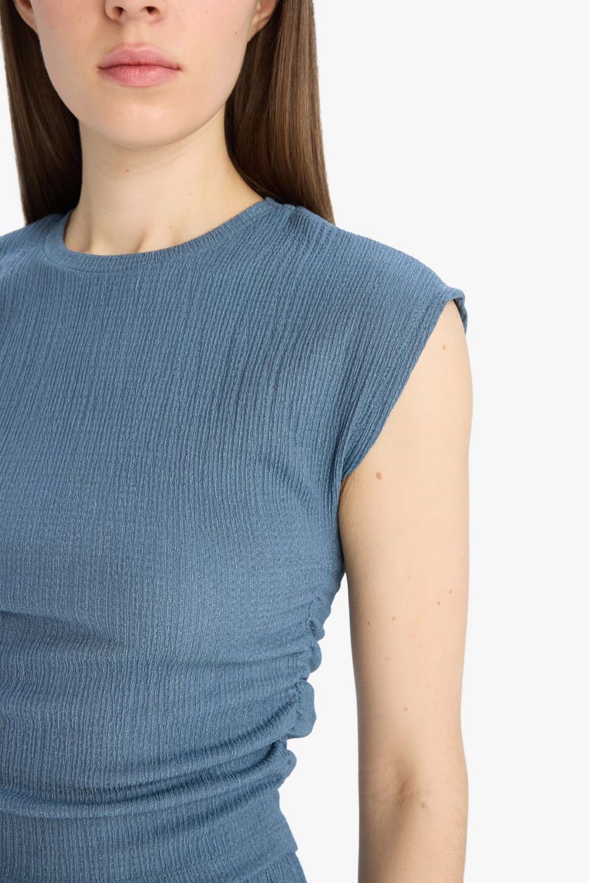 نساء نيلي فاتح تي شيرت نص كم القماش المنسوج سليم فيت بياقة مستديرة