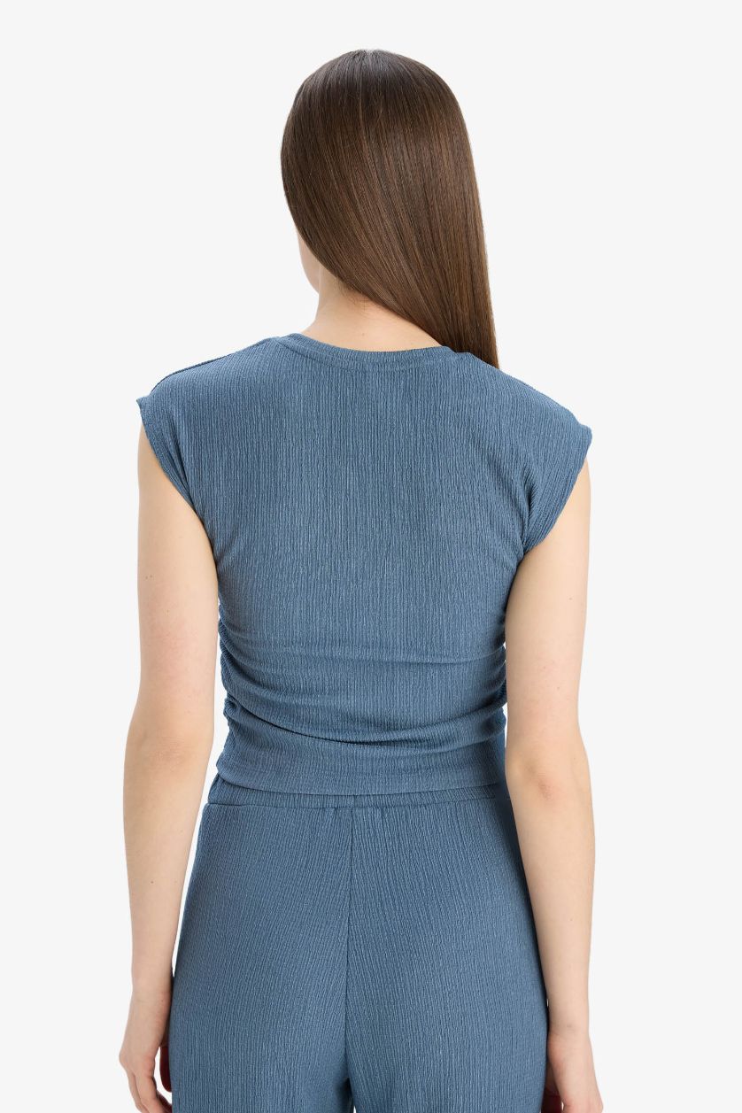 نساء نيلي فاتح تي شيرت نص كم القماش المنسوج سليم فيت بياقة مستديرة