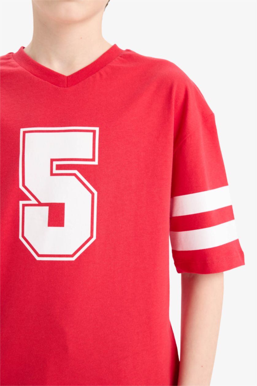 Erkek Çocuk - Genç Erkek Kırmızı 2'li Takım Baskılı Kısa Kollu Tişört Beli Lastikli Şort Erkek Çocuk