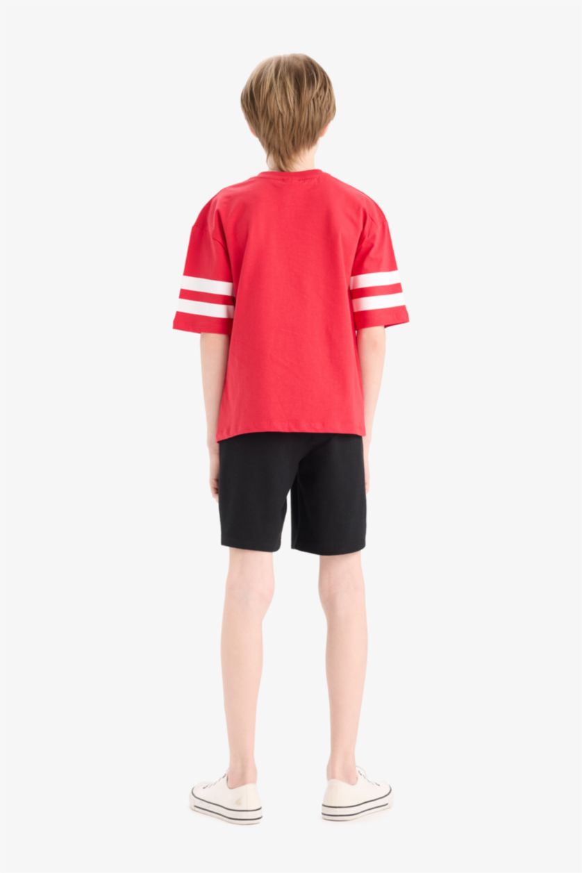 Erkek Çocuk - Genç Erkek Kırmızı 2'li Takım Baskılı Kısa Kollu Tişört Beli Lastikli Şort Erkek Çocuk