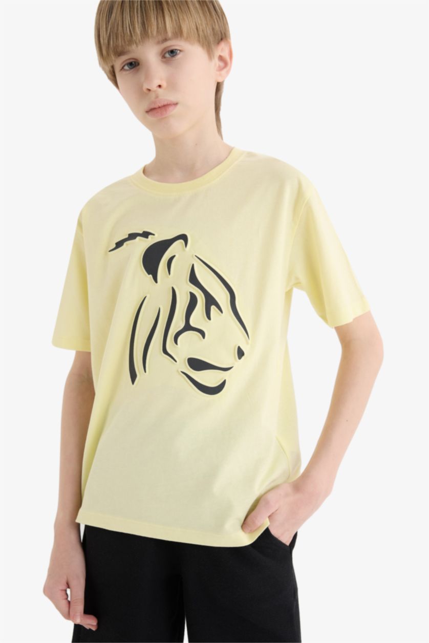 Erkek Çocuk - Genç Erkek Açık Sarı 2'li Takım Baskılı Kısa Kollu Tişört Beli Lastikli Şort Erkek Çocuk