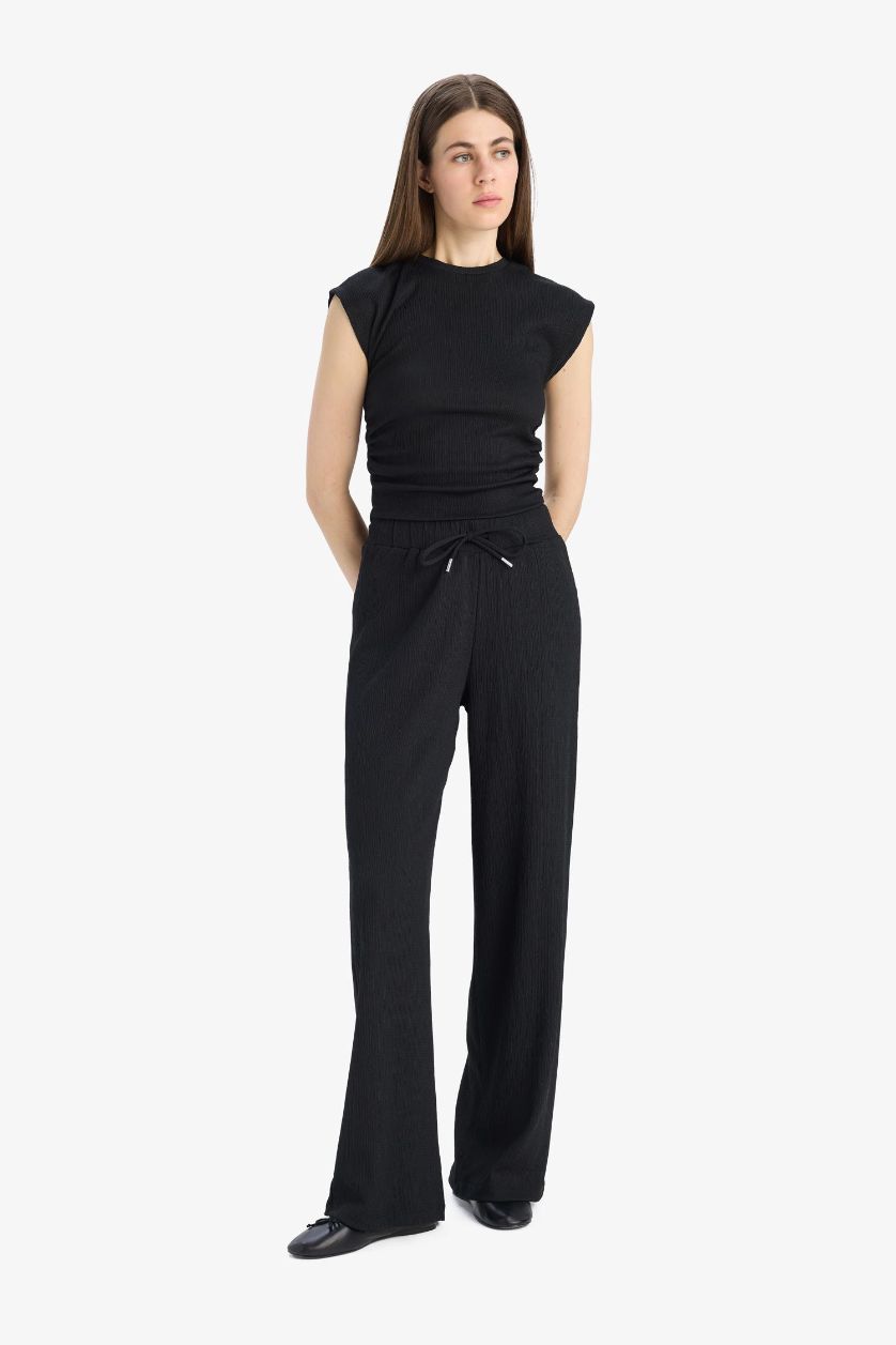 FEMME Noir Pantalon froissé droit à taille élastique avec cordon de serrage et poches