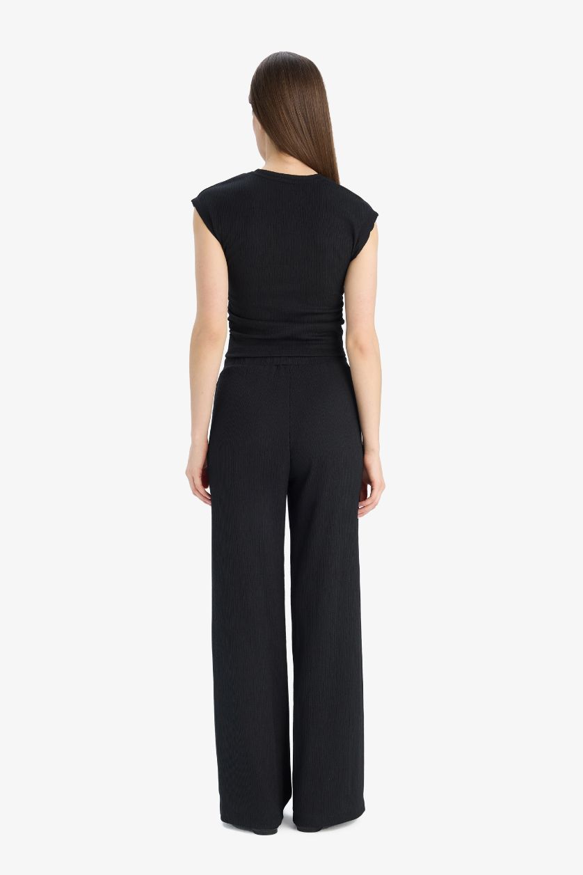 FEMME Noir Pantalon froissé droit à taille élastique avec cordon de serrage et poches