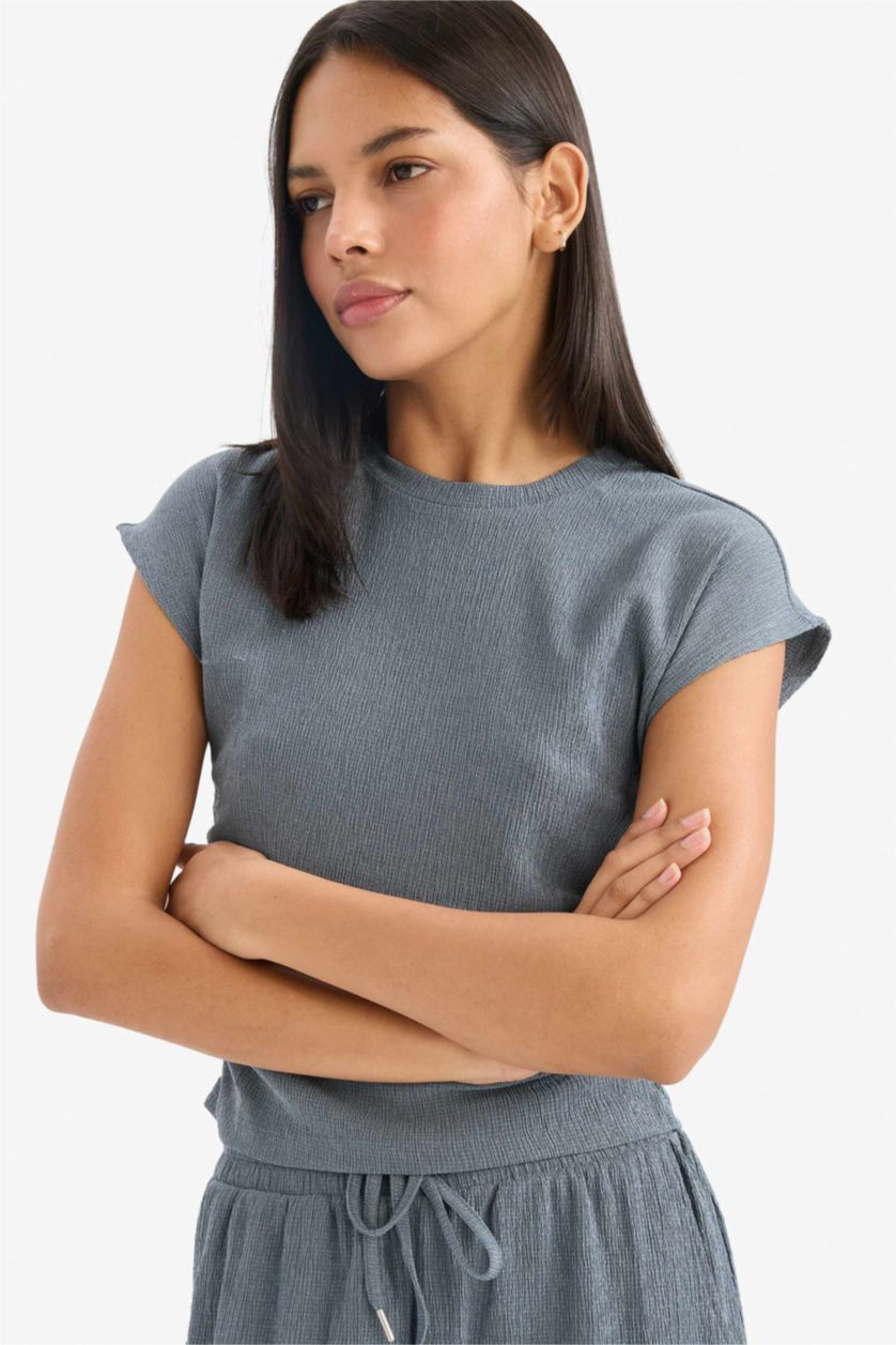 WOMAN Light Indigo Slim Fit Crew Neck Crepe T-Shirt