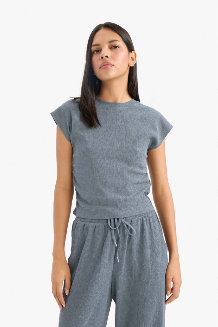 WOMAN Light Indigo Slim Fit Crew Neck Crepe T-Shirt