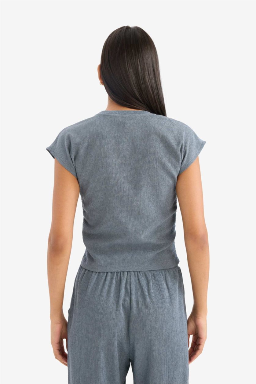 WOMAN Light Indigo Slim Fit Crew Neck Crepe T-Shirt