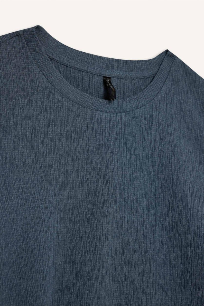 WOMAN Light Indigo Slim Fit Crew Neck Crepe T-Shirt