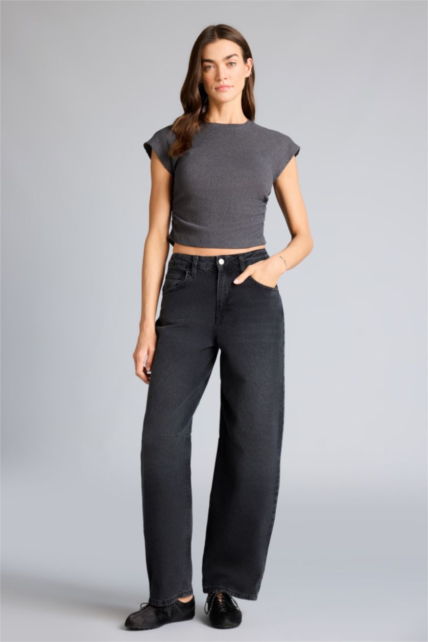 WOMAN Anthracite تيشيرت نص كم منسوج سليم فيت وياقة مستديرة