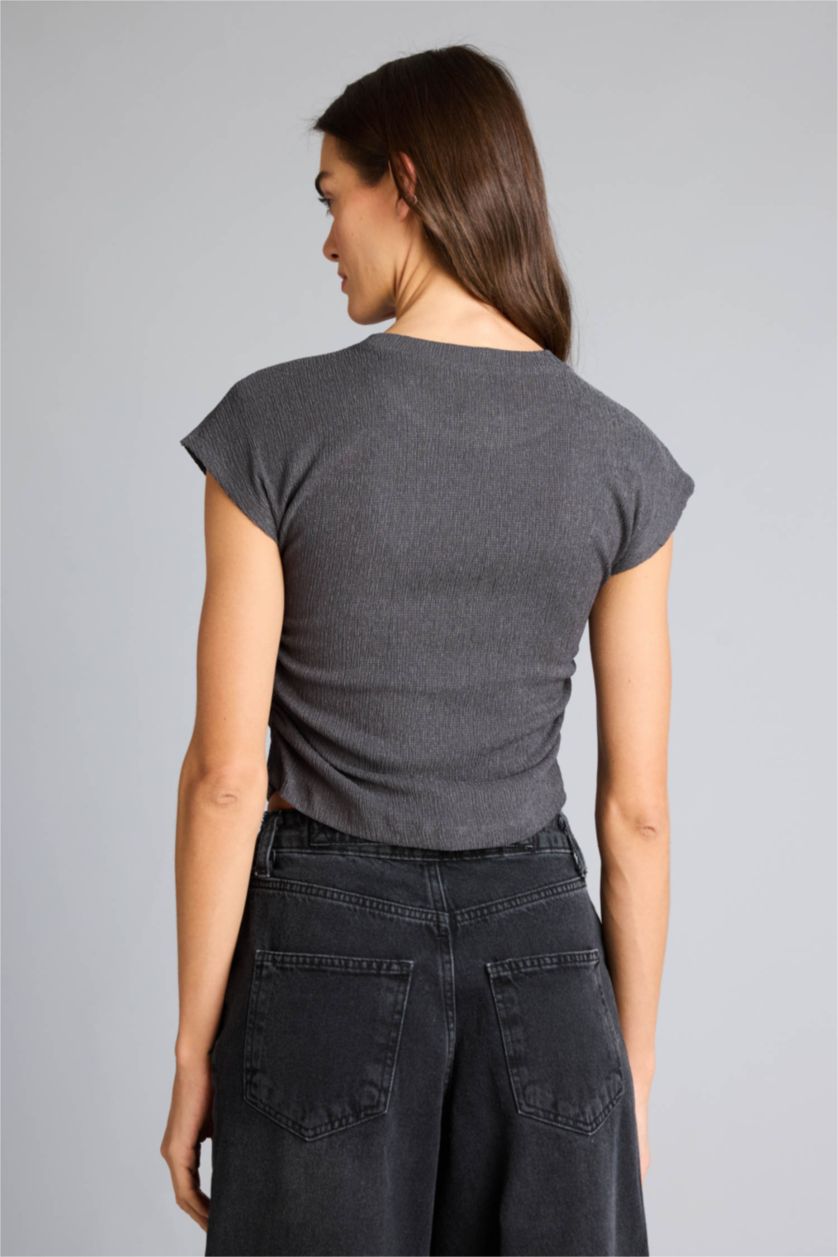 WOMAN Anthracite تيشيرت نص كم منسوج سليم فيت وياقة مستديرة