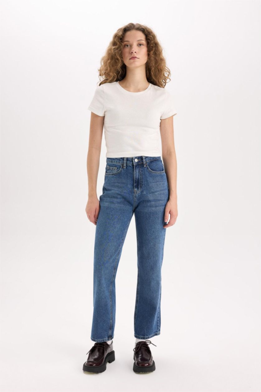 Kadın Koyu Mavi Straıght Fıt Yüksek Bel Bilek Boy Jean Yıkamalı Pantolon