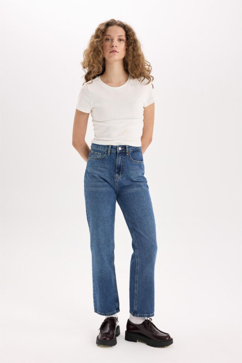 Kadın Koyu Mavi Straıght Fıt Yüksek Bel Bilek Boy Jean Yıkamalı Pantolon