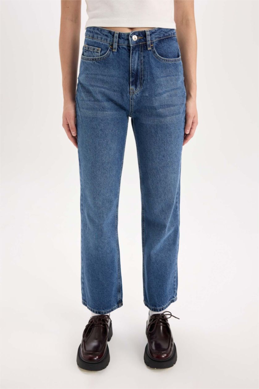 Kadın Koyu Mavi Straıght Fıt Yüksek Bel Bilek Boy Jean Yıkamalı Pantolon