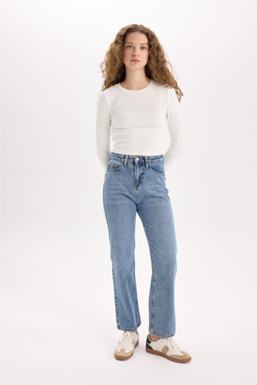 Kadın Mavi Straıght Fıt Yüksek Bel Bilek Boy Jean Yıkamalı Pantolon