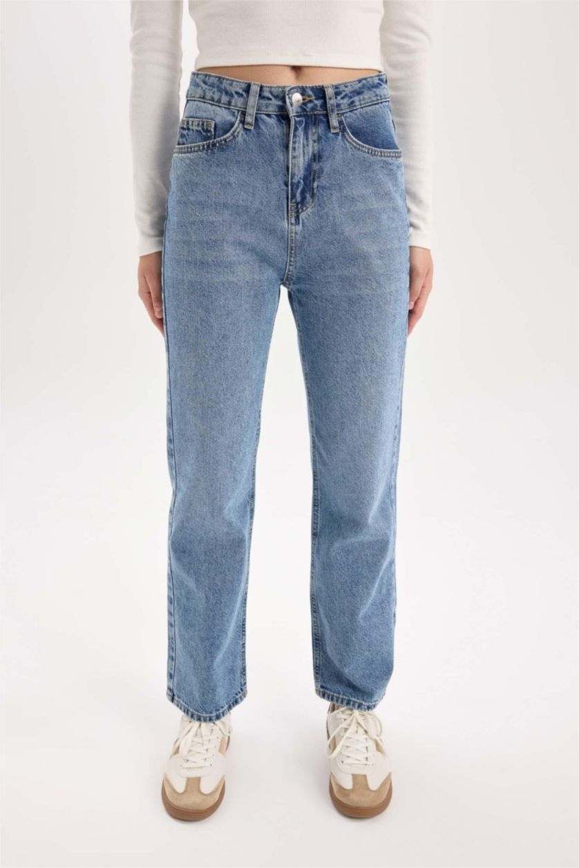 Kadın Mavi Straıght Fıt Yüksek Bel Bilek Boy Jean Yıkamalı Pantolon