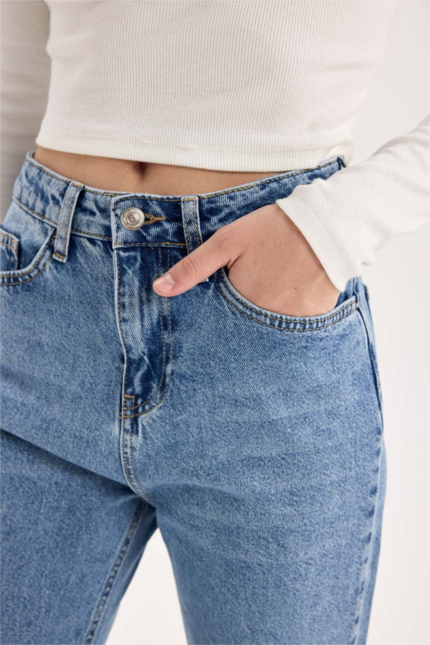 Kadın Mavi Straıght Fıt Yüksek Bel Bilek Boy Jean Yıkamalı Pantolon