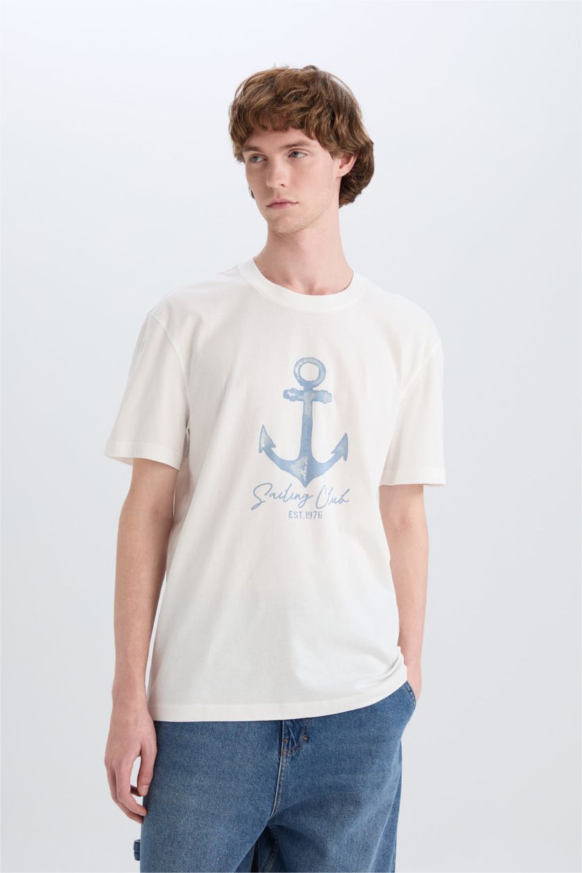 Erkek Kırık Beyaz %100 Pamuk Regular Fit Bisiklet Yaka Baskılı Kısa Kollu Tişört