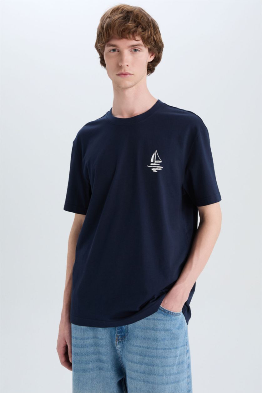MAN NAVY Regular Fit Crew Neck Printed Cotton T-Shirt