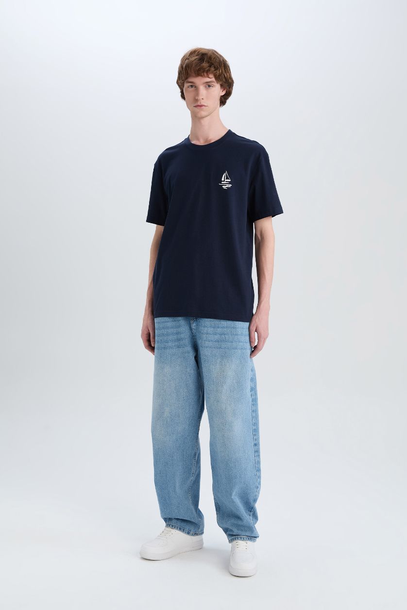 MAN NAVY Regular Fit Crew Neck Printed Cotton T-Shirt