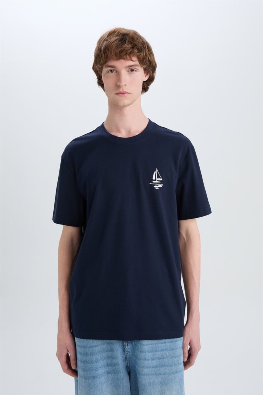 MAN NAVY Regular Fit Crew Neck Printed Cotton T-Shirt