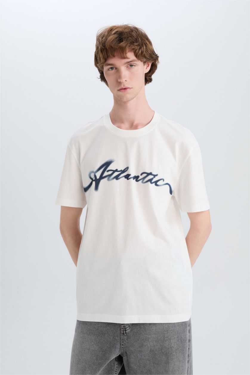 MAN White Cotton Regular Fit Crew Neck Printed Short Sleeve T-Shirt