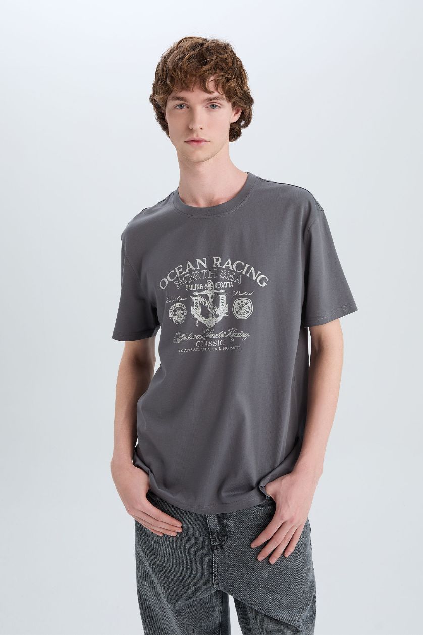 رجالي رمادي تيشيرت قطن قصة عادية برقبة مستديرة